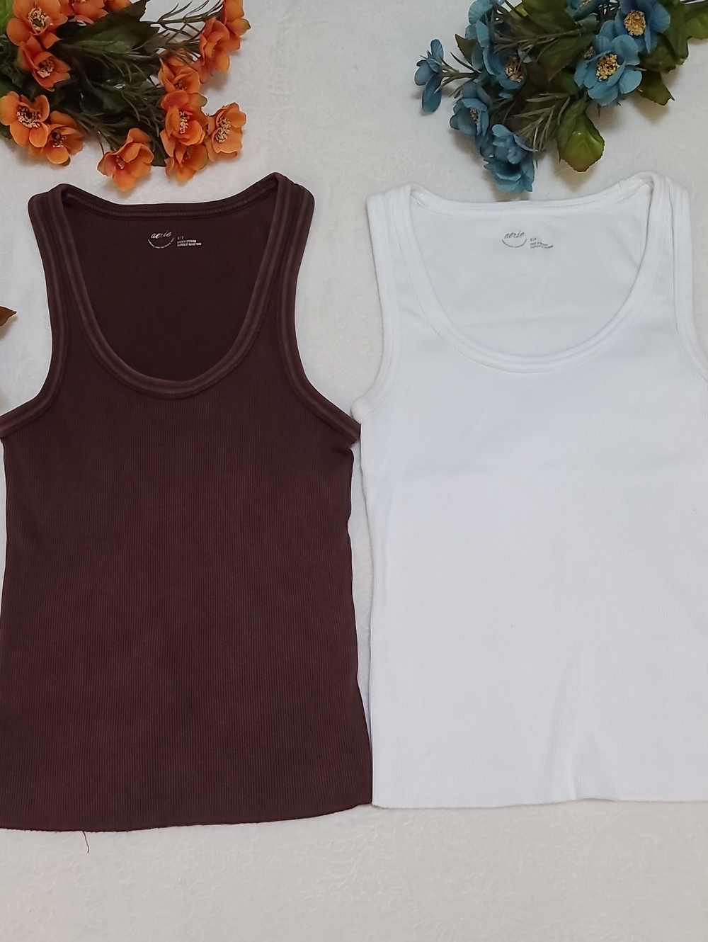 Aerie Ribbed Scoop Neck Tank Tops Neutral Layering Cotton Chocolate Brown White